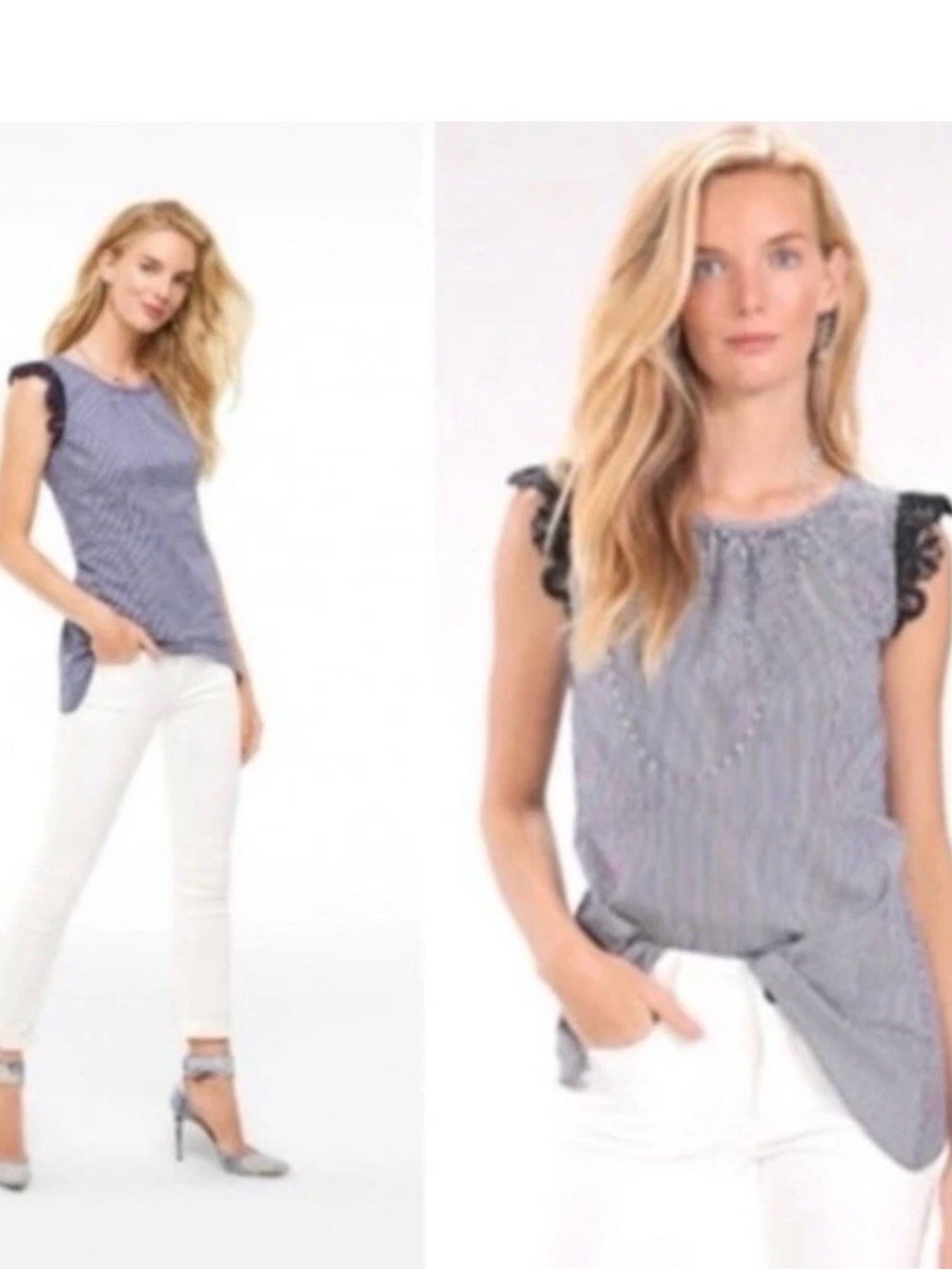 Cabi Olivia Striped Seersucker Top with Lace Trim